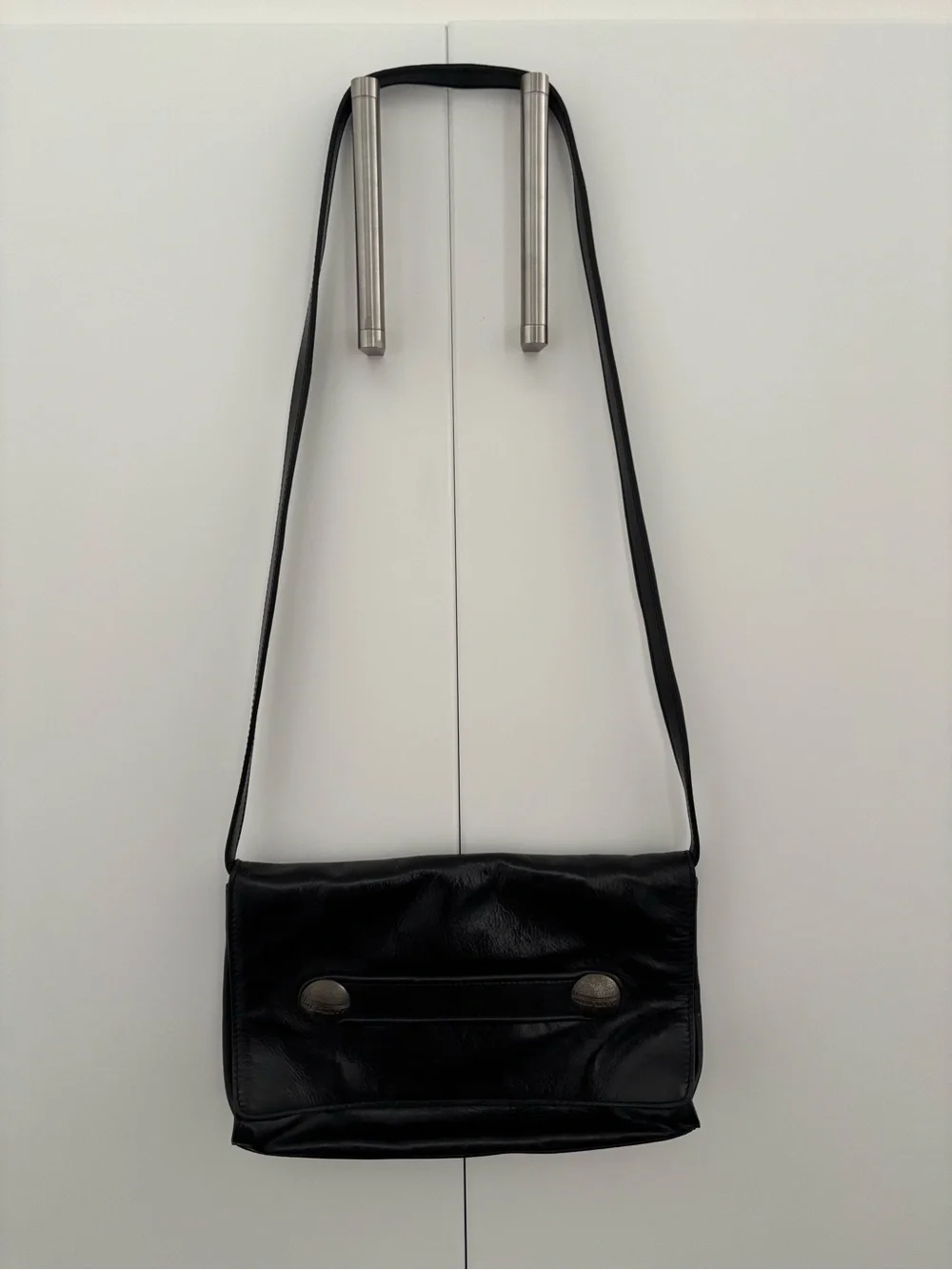 Miss Sixty Black Leather Messenger Bag with Metal Button Accents